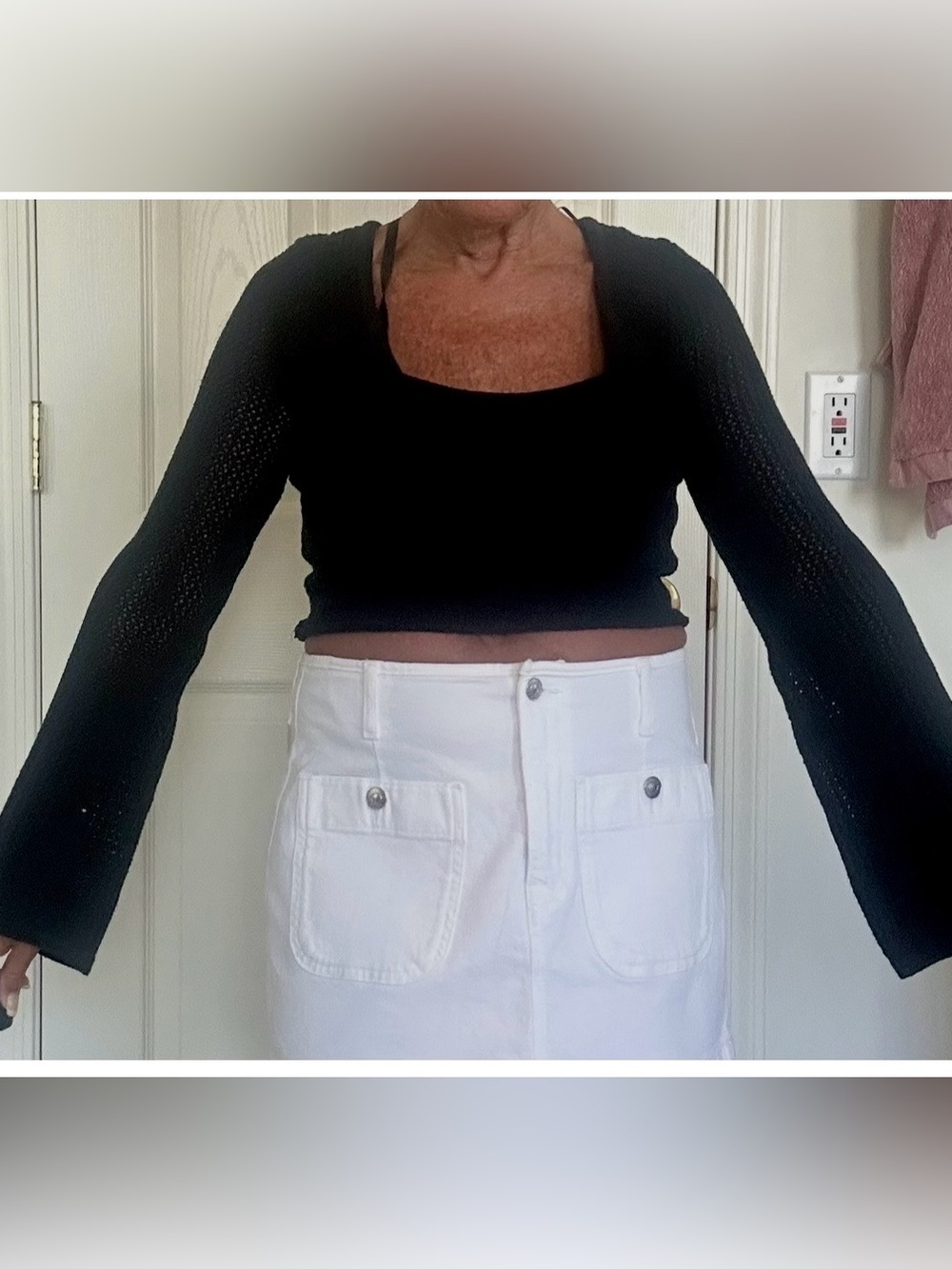 Hollister Black Open Stitch Square Neck Cropped Cotton Sweater Bell Sleeves S
